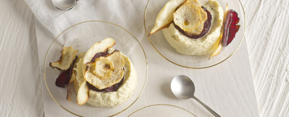 Crema Di Baccala Con Sedano Rapa Barbabietole E Patate Dolci Sale Pepe