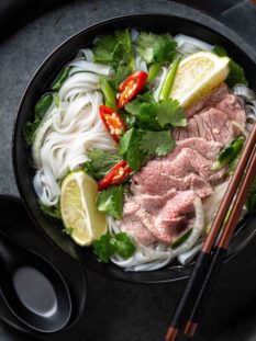 Pho Bo vietnamese soup with beef and rice noodles