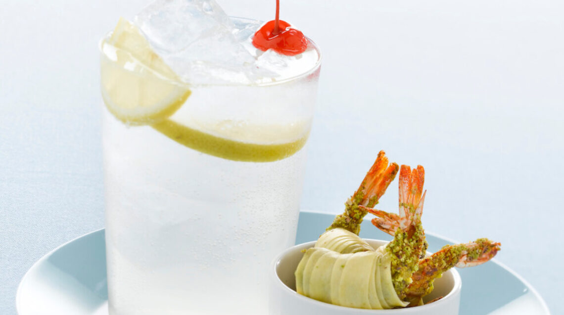 Tom Collins con involtini di gamberi ai pistacchi